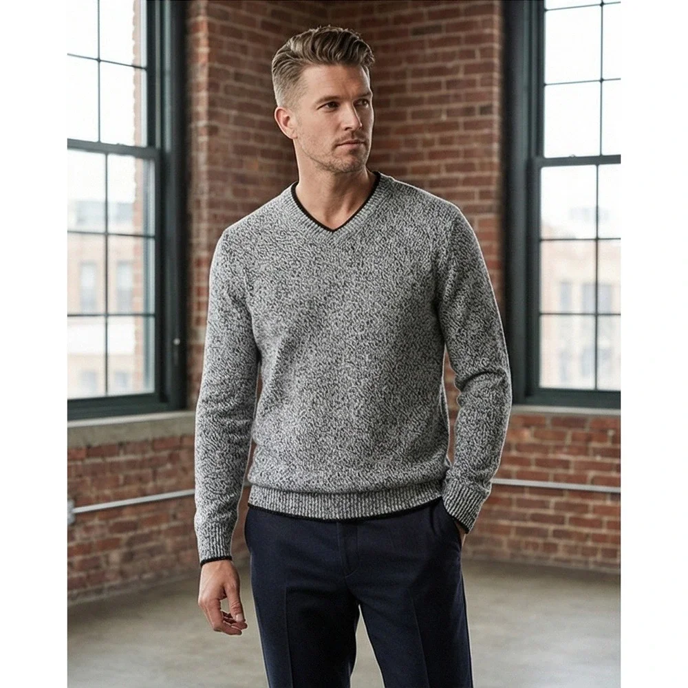 Metropolitan View Mens L V-Neck Wool Blend‎ Sweater Gray Black Marl Italian Yarn